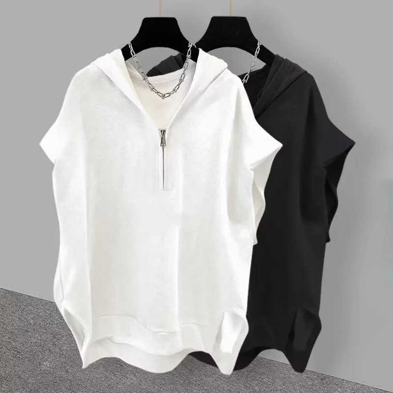 夏ジッパーフード付きノースリーブ Tシャツメンズ韓国ファッションタンクトップ 2026 新 Y2K ストリートカジュアルベストヒップホップ Tシャツ