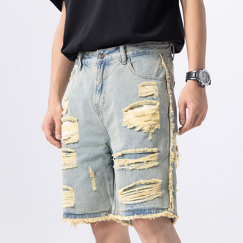 男性ハイストリートヒップホップヴィンテージルーズカジュアル穴デニムジーンズショーツ Jorts 男夏のストリートショートリッピングジーンズパンツ