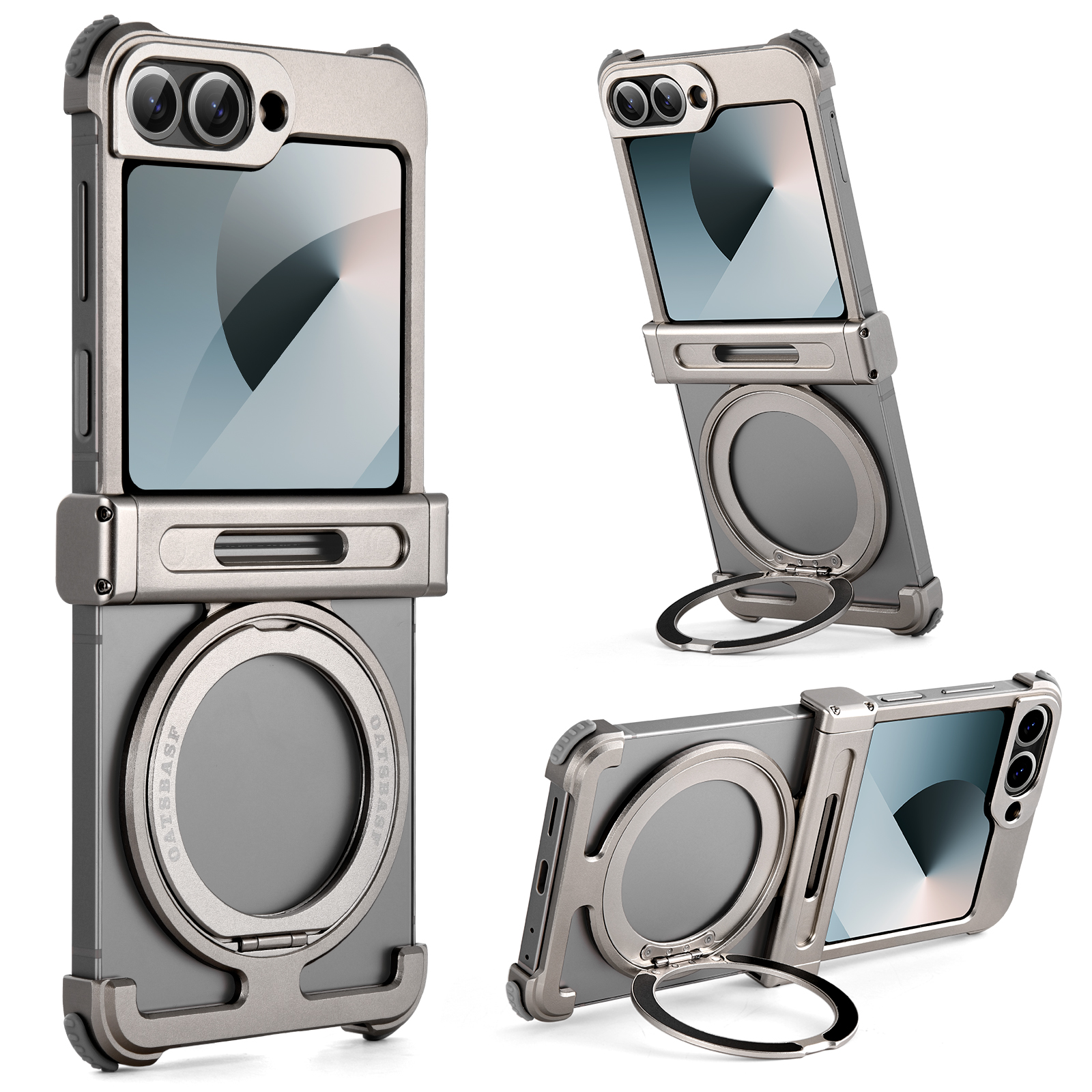 Oatsbasf Samsung Galaxy Z Flip 6 電話ケース 360 度回転可能なスタンド付き薄型金属磁気フレームレスバンパー保護カバー