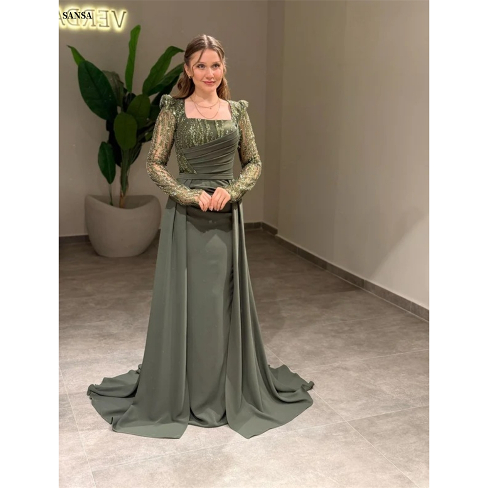 Sansa カスタマイズされたプリーツスパンコール取り外し可能なトレインウエディングドレスマーメイド長袖 Vestidos De Noche マキシレングスフォーマルイブニングドレス