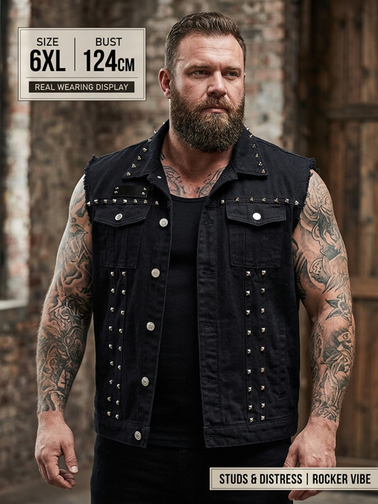 パンク黒ベスト男性用リベットスタッズノースリーブプラスサイズ 6XL ゴシックユーズド加工ロックオートバイヒップホップリッピングデニムチョッキ