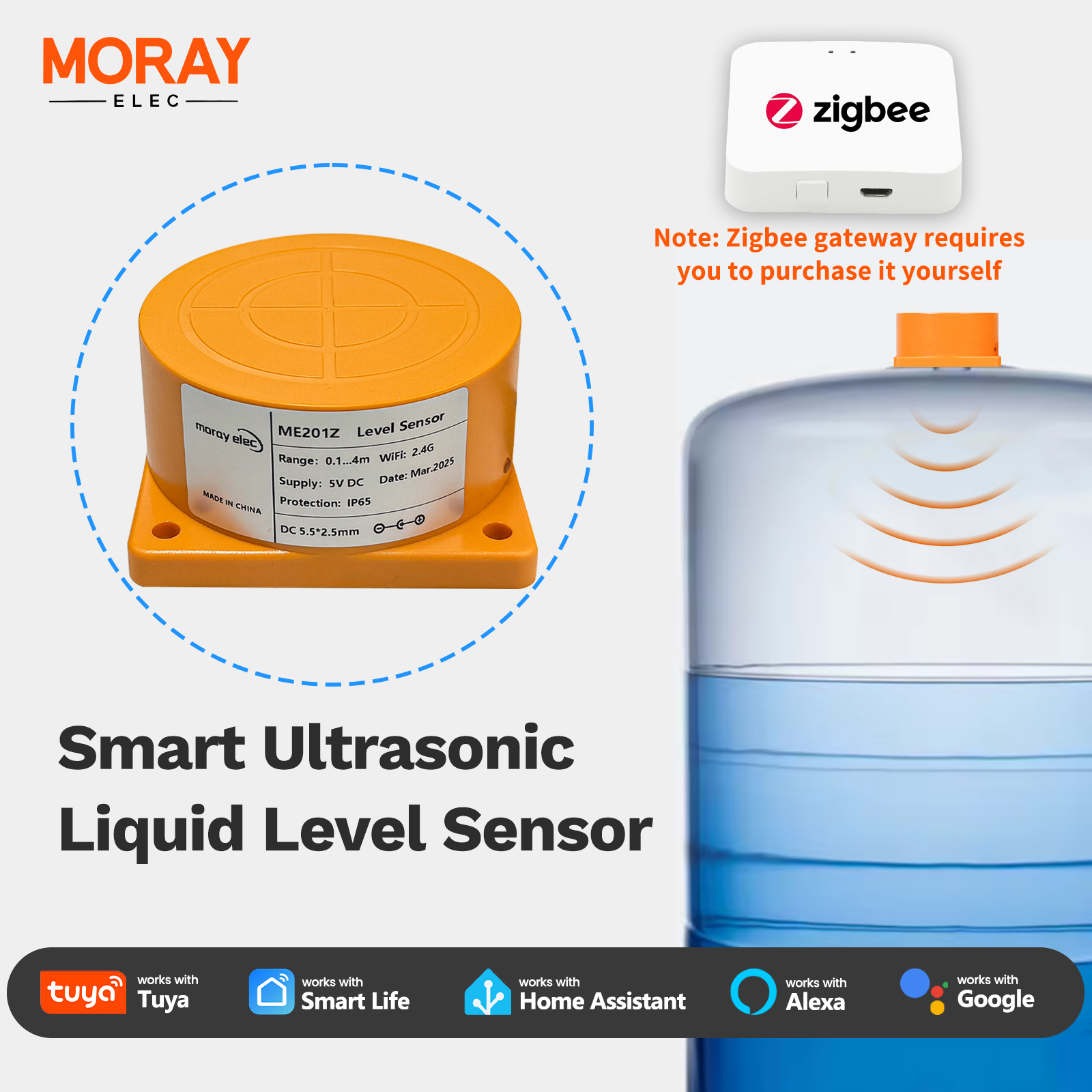 MORAY ME201WZ ZigBee 水タンク液面センサー WiFi 超音波ワイヤレスリモート検出器アラームインジケーター