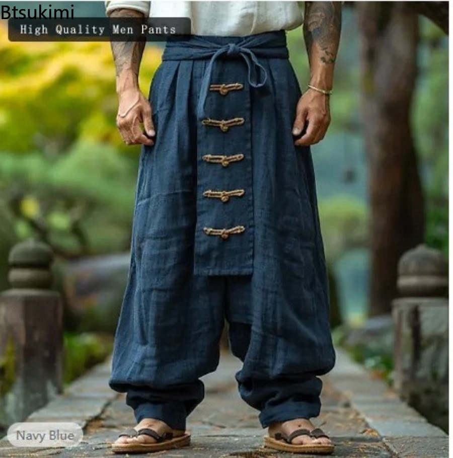 Ethnic Style Casual Cotton Linen Wide Leg Pants Spring Summer New Men's Solid Color Lace-up Baggy Pants Vintage Streetwear Male