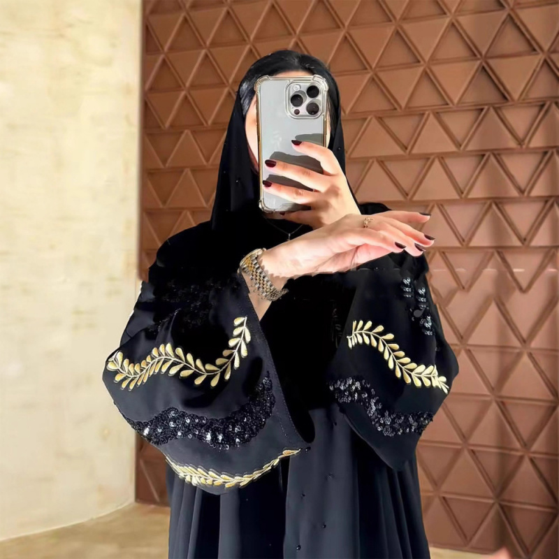 黒アバヤ女性ドバイ女性の刺繍アバヤホリデードレスイードラマダンカフタンスパンコール刺繍ファッションカーディガンローブ