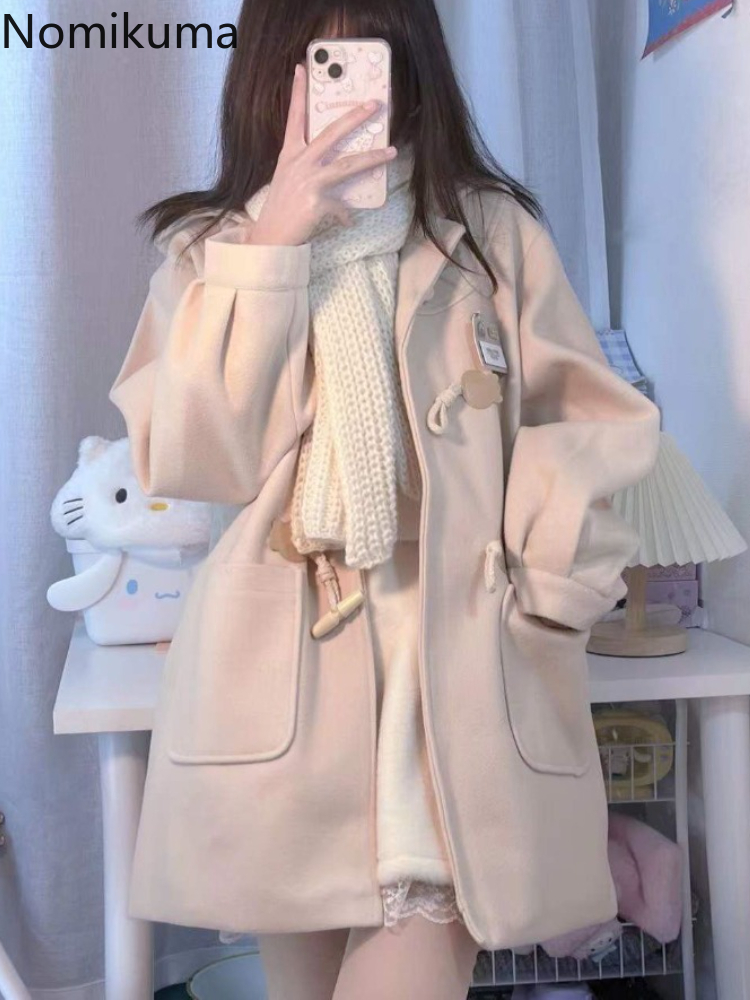プレッピースタイルウールコート女性日本ブレンド 2025 Ropa Mujer フード付き無地特大生き抜くカジュアルファッション厚いジャケット