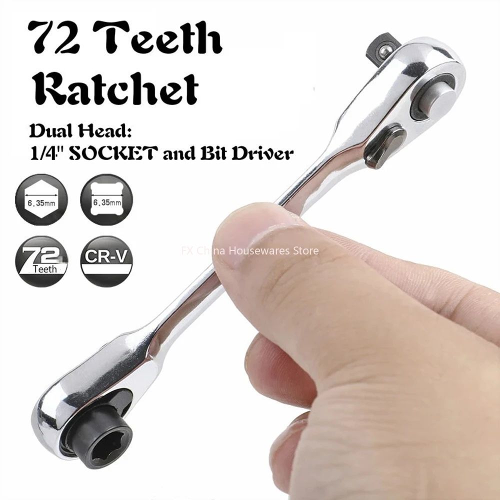 72 歯 1/4" デュアルヘッド ラチェット レンチ、CR-V スチール、クイック ソケット