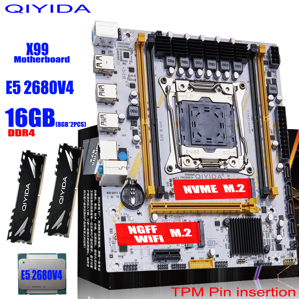 QIYIDA X99 マザーボード LGA2011-3 セットキット Xeon E5 2680 V4 CPU プロセッサ 16GB=2*8Gb DDR4 RAM メモリ NVME M.2 M-ATX SATA3.0 X99 K9S