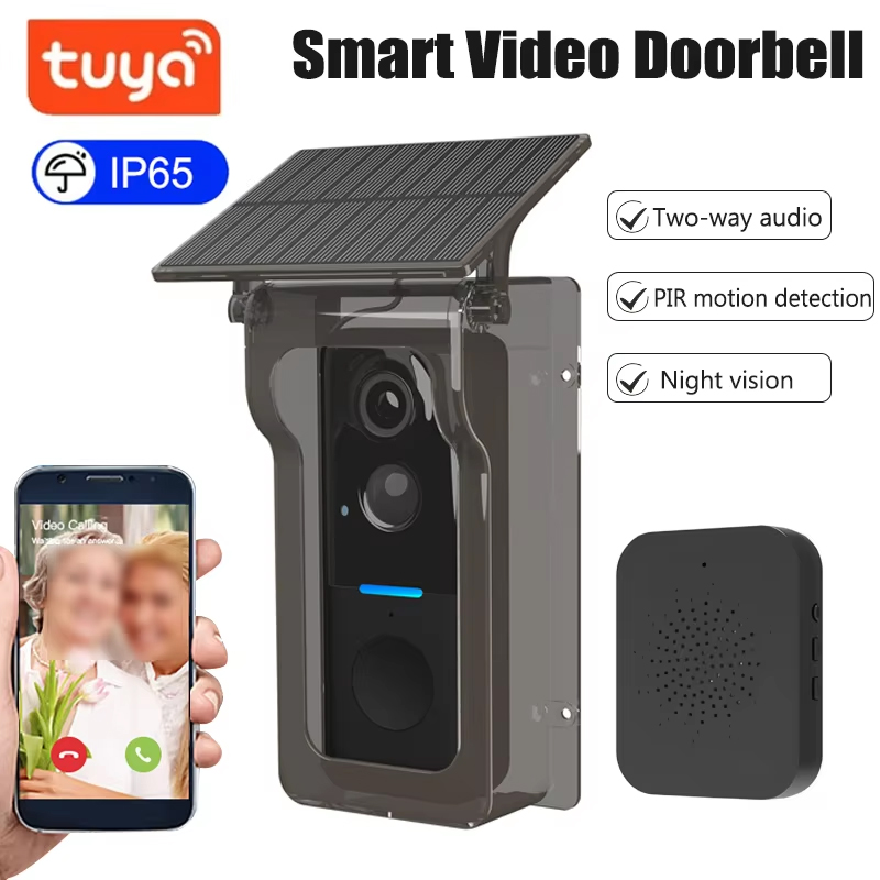 Tuya 屋外ワイヤレスドアベルソーラーレインカバー防水 WiFi ドアベルカメラモーション検出双方向オーディオビデオインターホン
