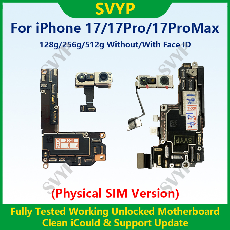 iPhone 17ProMax メインボード用の完全にテスト済みの 100% 動作マザーボード、Face ID ロック解除およびクリーニング済みの iCloud 物理 SIM バージョン付き