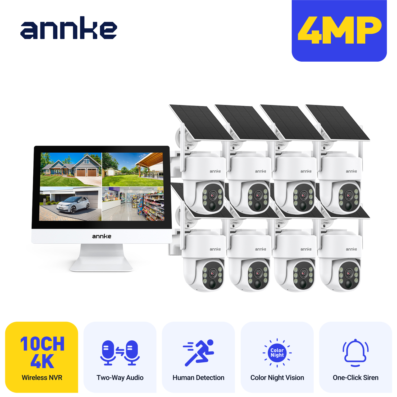 Annke 4MP solar security cameras 10CH 12 in LCD 2.4G 5.8G PTZ wifi security cameras PIR color night vision camera security wifi