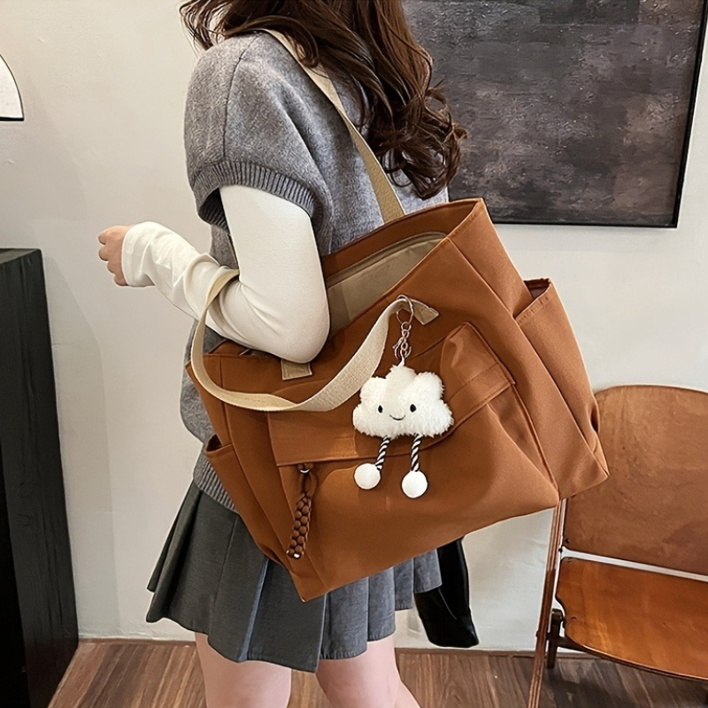 マルチコンパートメント、ジッパー開閉、レディースバッグ大容量和風トートバッグ、かわいいぬいぐるみ固定ストラップ、カジュアルエレガンス