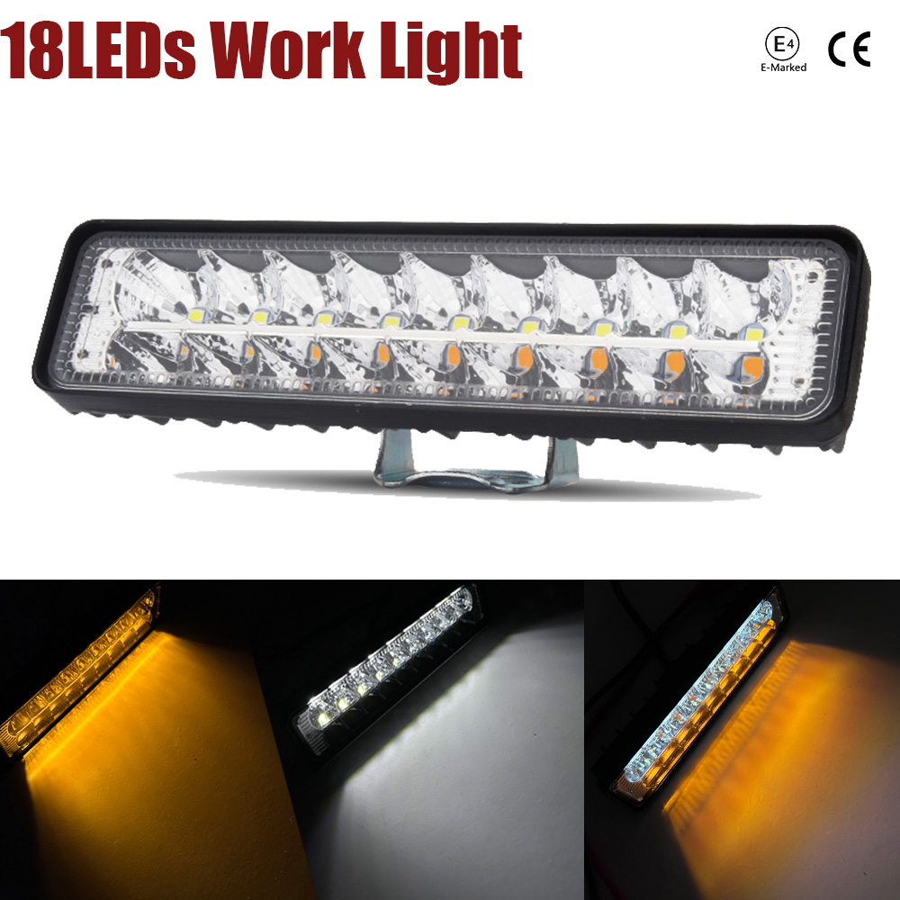 18LED ホワイトアンバー Led ライトバー Dc9-36v LED スポットフラッドライトバー運転フォグランプ SUV 4X4 オフロードワークライトヘッドライト