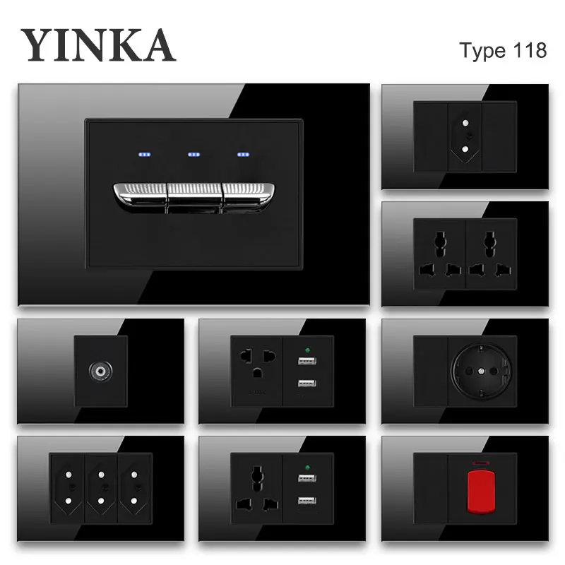 YINKA ユニバーサルウォールライトスイッチ壁ソケット 20A ネットソケット強化ガラスパネルプッシュボタンスイッチ 220v ライト 118*72 ミリメートル