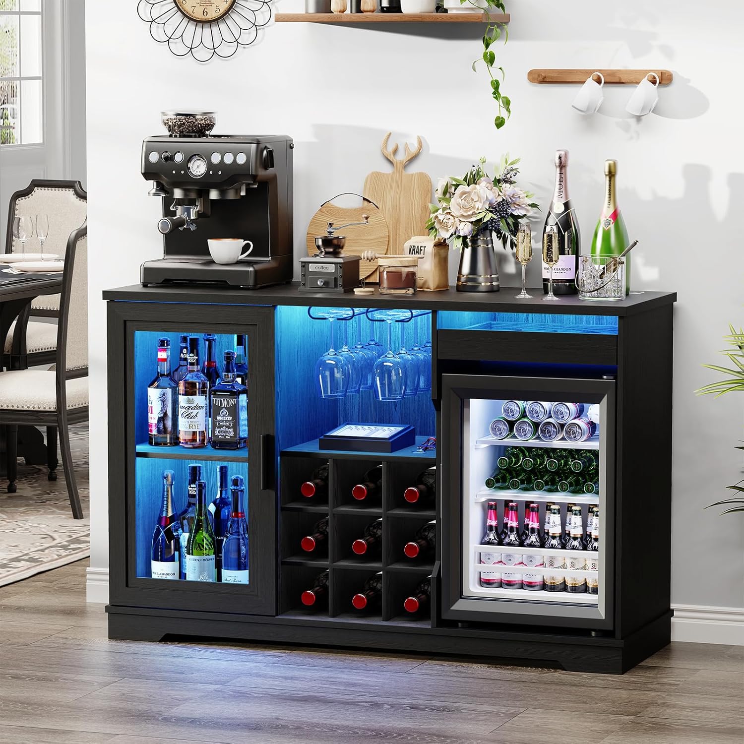冷蔵庫付きコーヒーバーキャビネット (冷蔵庫付属)、LEDライト付き大型酒バーキャビネット、グラスホルダー