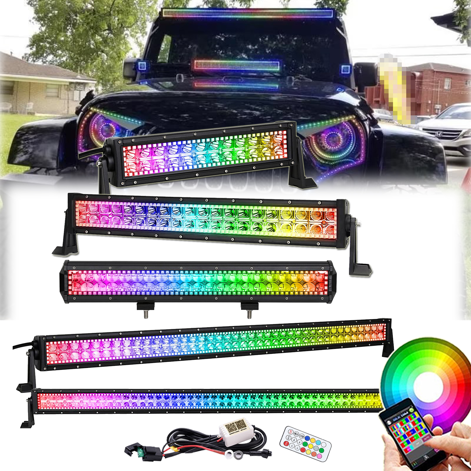 LED ライトバー RGB 追跡ハローキット Bluetooth 制御 1600 万色の変化 14 22 32 42 50 インチ 300 ワットオフロード作業運転