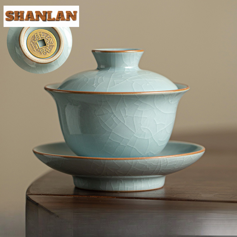 145 ミリリットル Azure Ru 窯氷ひび割れ釉 Gaiwan 手作り銅コインベース茶チュリーン茶醸造カバーボウル茶器装飾ギフト