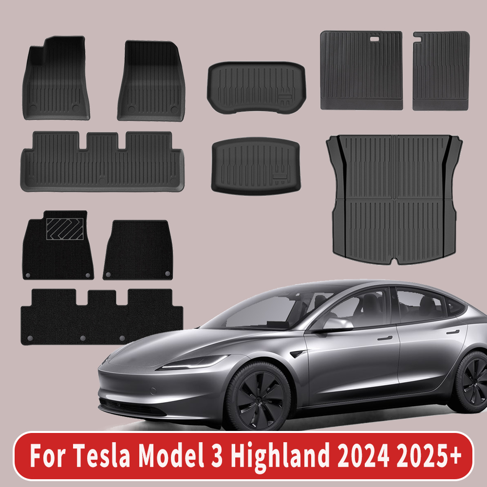 2024-2025 および 2026 テスラ モデル 3 ハイランド モデル用 TPE フロア マット |極厚TPE全天候型フロアマット11点セット
