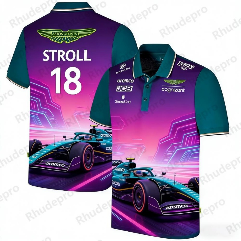 アストンマーティン チーム ストロール 18 F1 レーシングテーマ半袖ポロシャツ カジュアル スポーツ トップ イベント 周辺アパレル