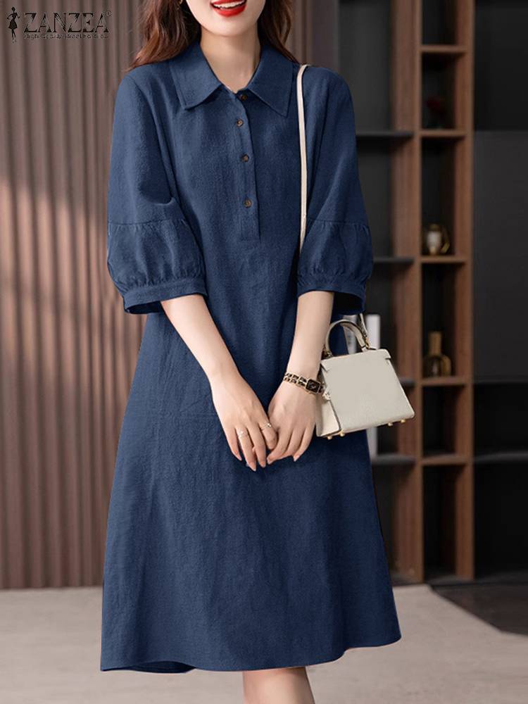 ZANZEA 女性のコットンシャツドレス 2024 夏ラペルネックドレス韓国オフィス 3/4 スリーブミディ Vestidos エレガントな固体ボタンローブ