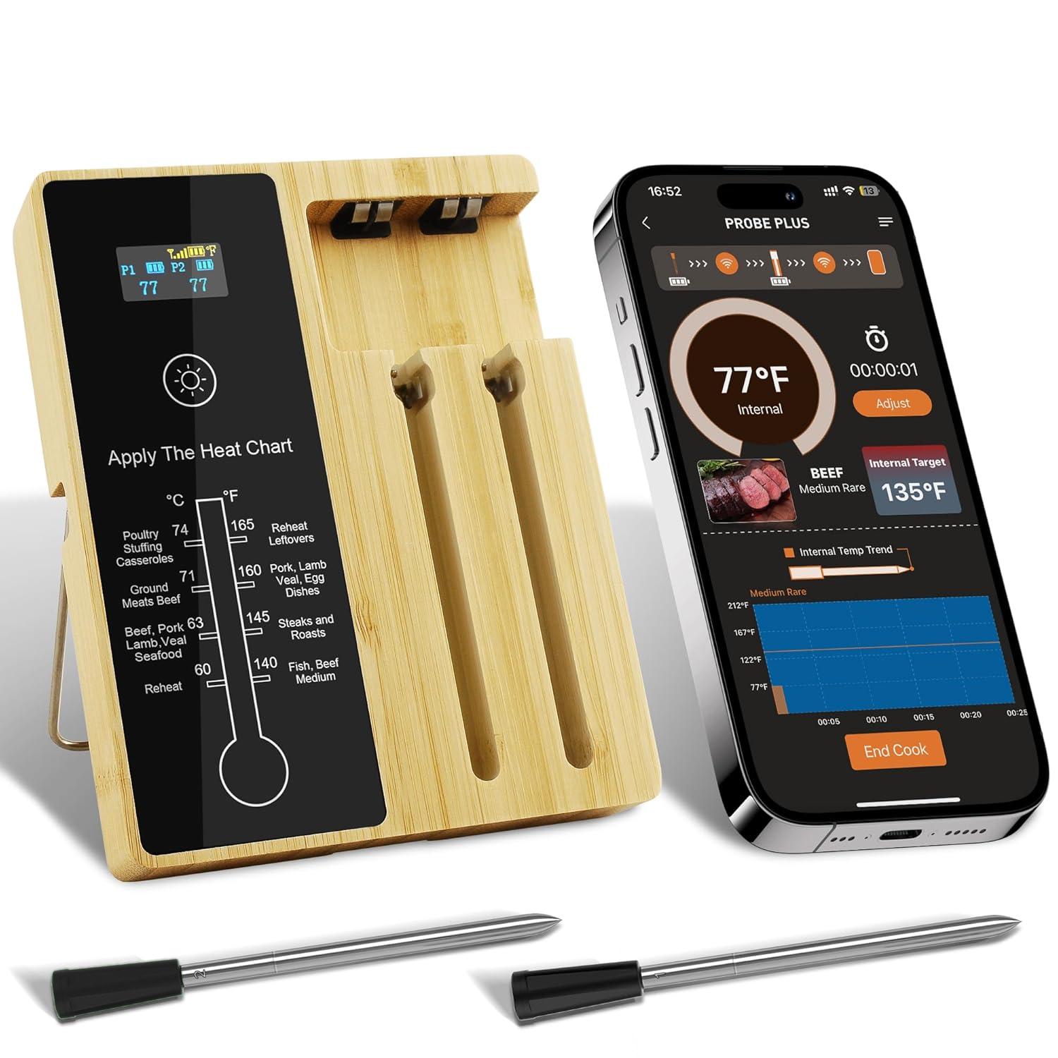 2プローブ400FT Bluetoothワイヤレス肉食品温度計デジタルLCDディスプレイ付きグリルオーブンキッチン、喫煙者用