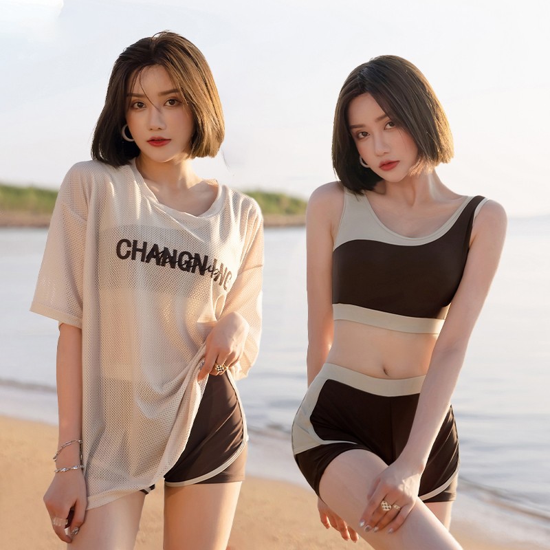 3 in 1 水着 2023 女性ツーピースセット三角ビキニハイウエスト韓国女性の固体ビキニ温泉水着