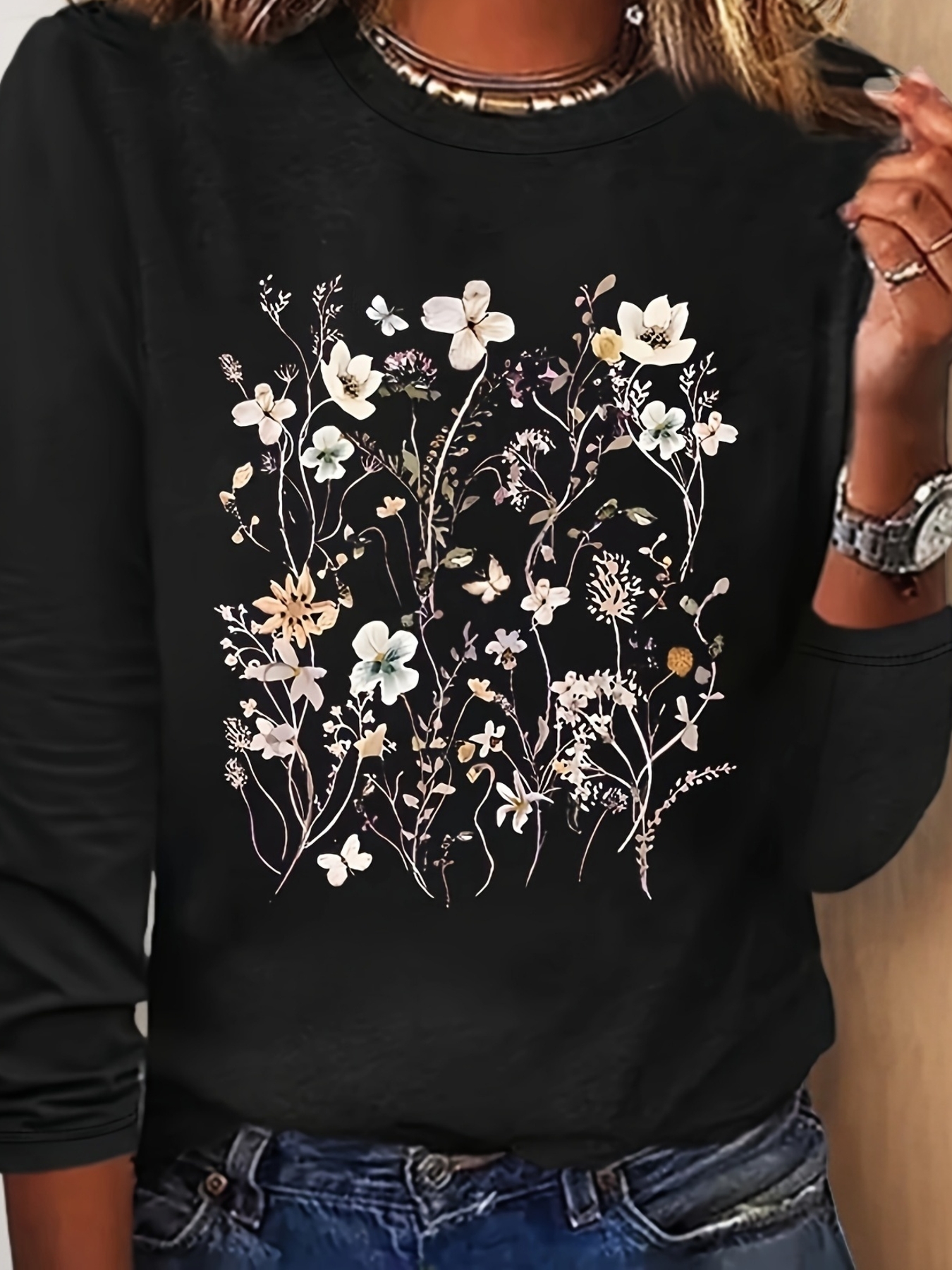 綿 100% 女性のカジュアル長袖ラウンドネック Tシャツ黒花柄春秋冬レディース Tシャツ