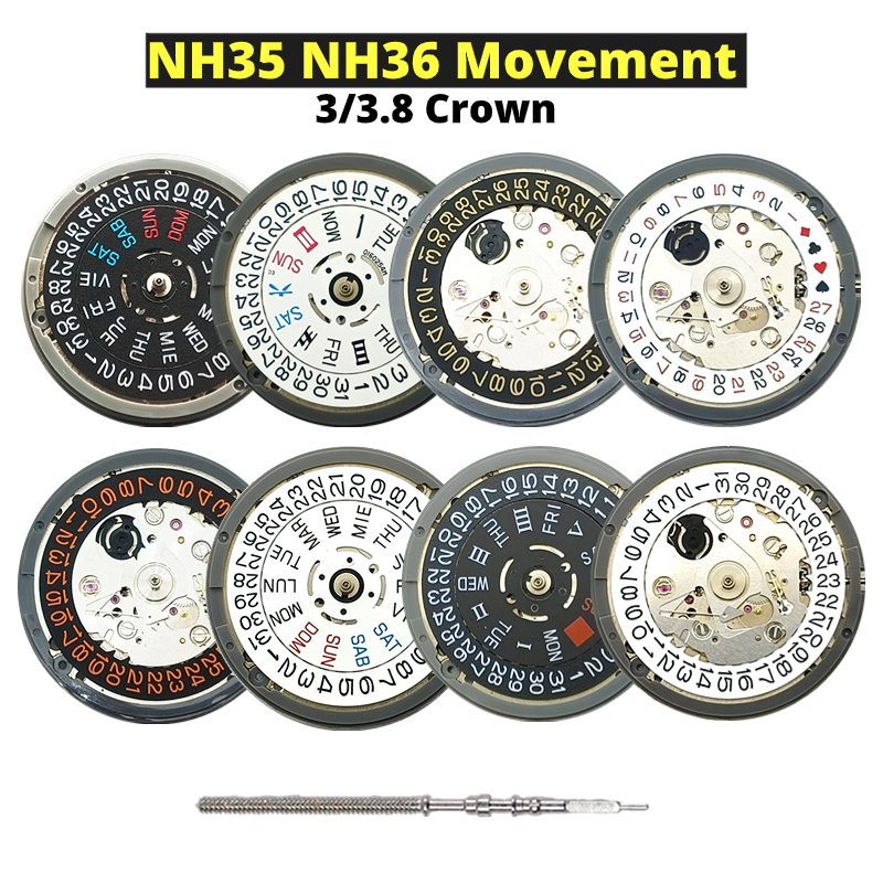 NH35 NH36 ムーブメント ブラック ホワイト ゴールド アラビア日付 nh35a nh36a 自動機械式ムーブメント リューズ 3.0 3.8 時