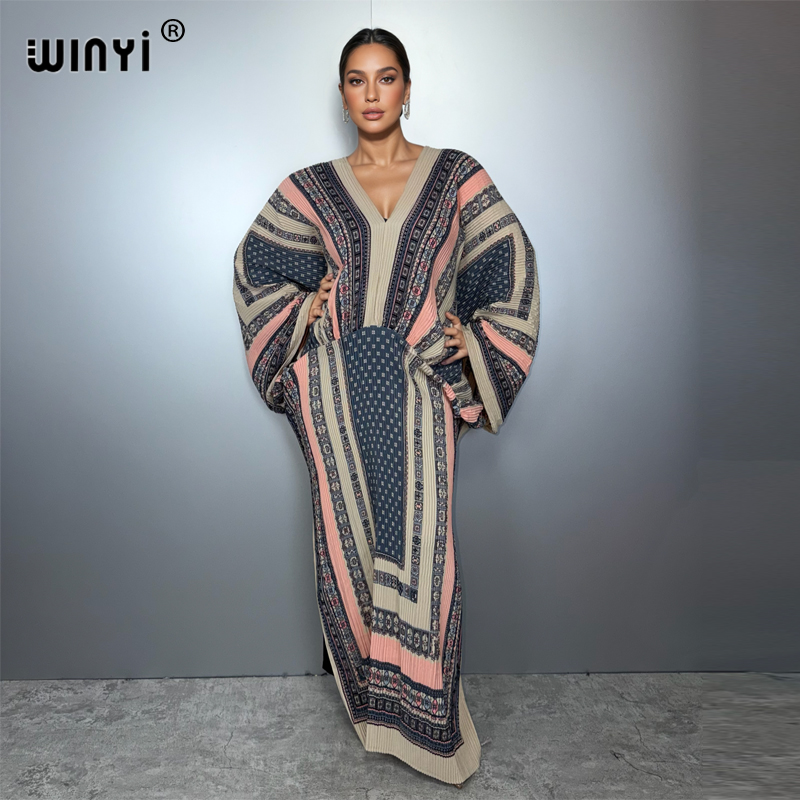 WINYI プリーツ弾性自由奔放に生きるルーズドレスビーチカバーアップカフタンアバヤドバイ高級パーティードレスイブニングドレスアバヤイスラム教徒女性