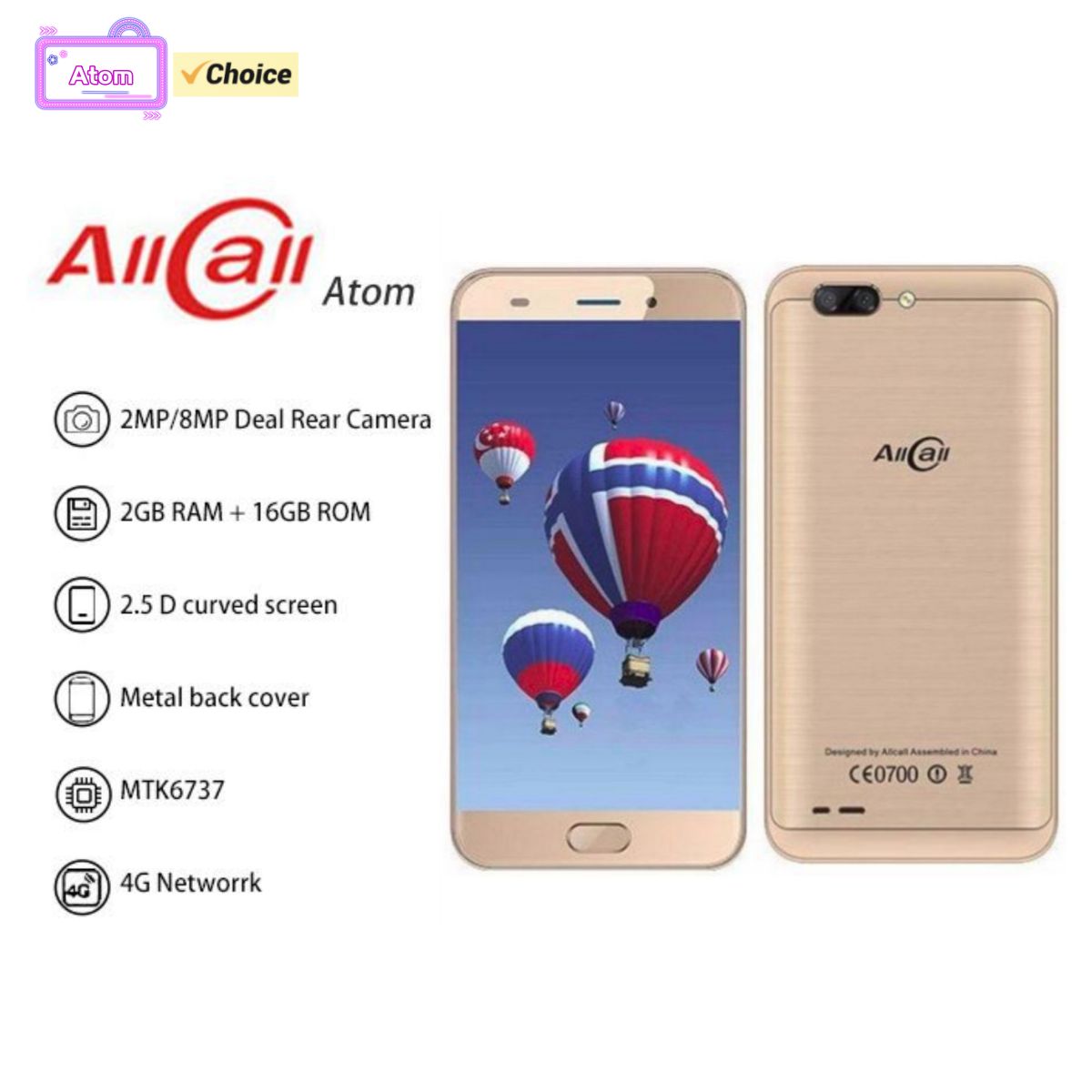 AllCall Atom 4G Smartphone 5.2inches MTK Quad Core 2GB RAM 16GB ROM 8MP LTE Dual SIM Card 2100mAh Android Mobile Phone