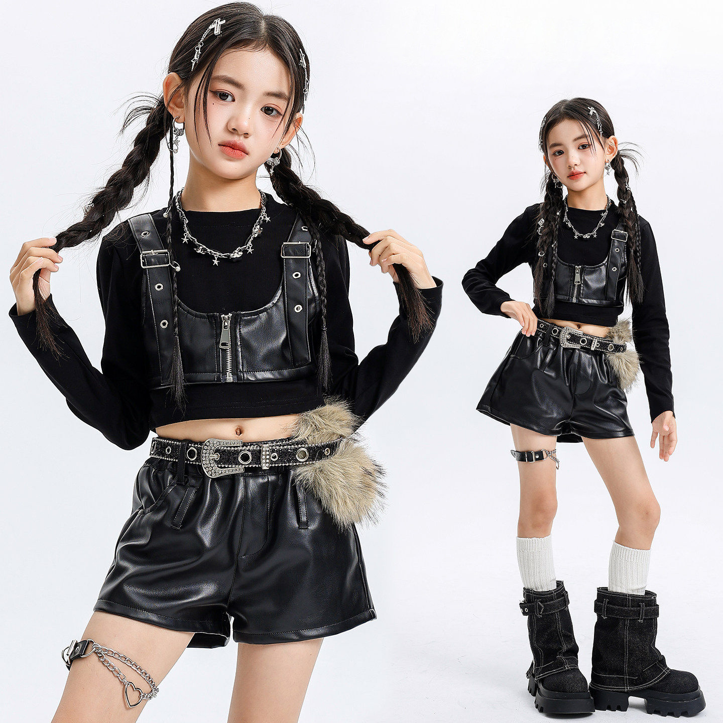 Kid Kpop Hip Hop Clothing Black Strap Crop Vest T Shirt Top Casual Faux Leather Shorts for Girls Street Dance Costumes Clothes