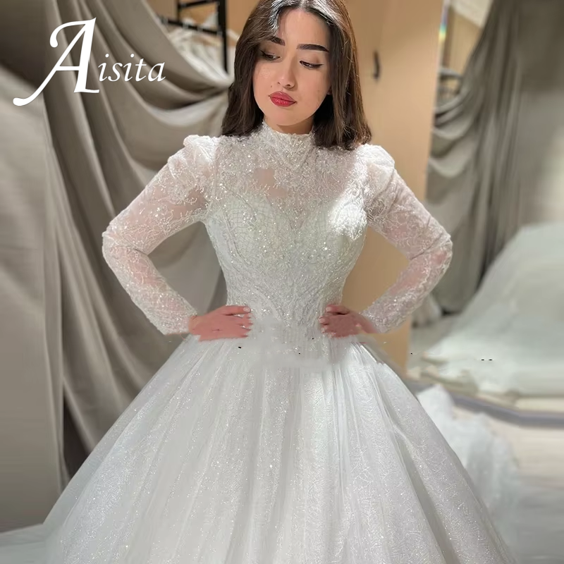 高級 2025 ウェディングドレスハイネック長袖レースアップリケスパンコール花嫁ドレスローブマリアージュ Vestidos デノビアカスタマイズ