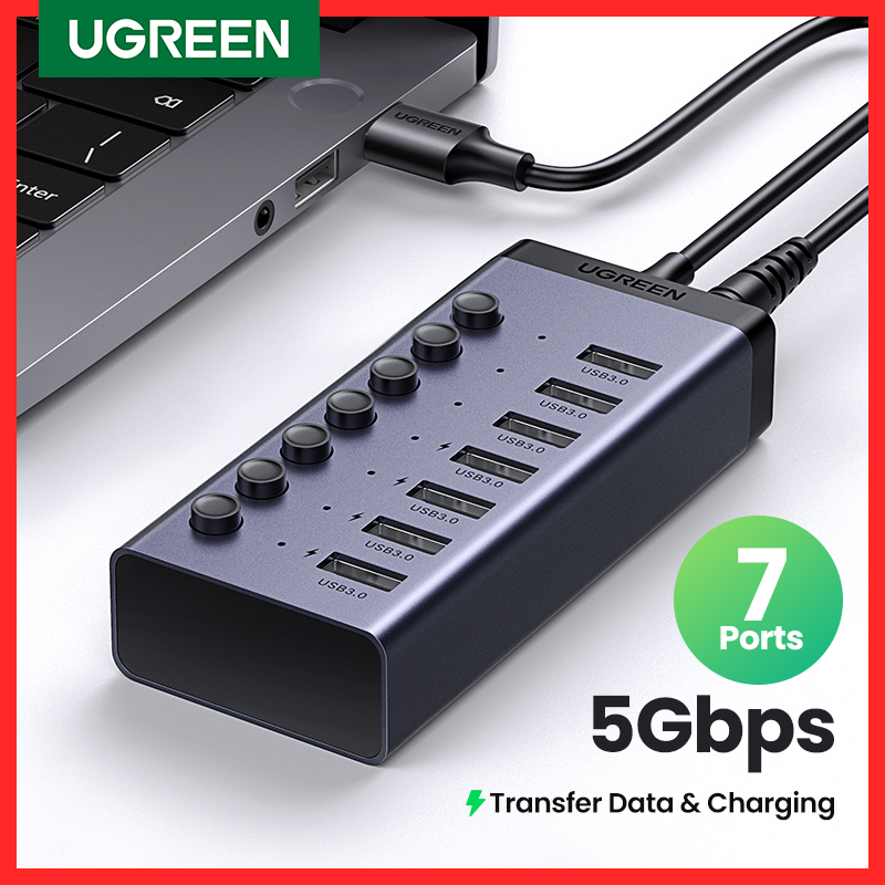 UGREEN USB C ハブ 7 ポート USB3.0 スプリッター、個別の OFF/ON スイッチ LED インジケーター付き、デスクトップ PC ラップトップ USB ポートエクステンダー用