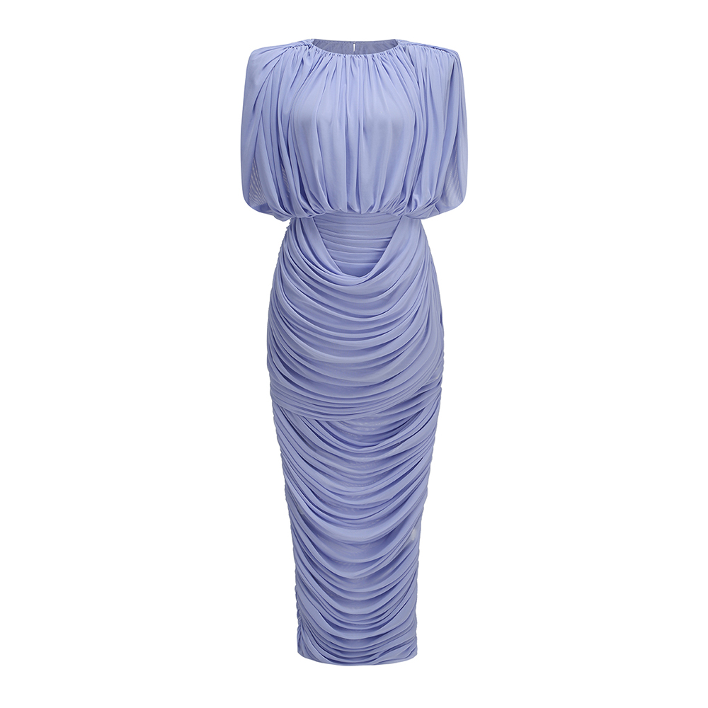 Sexy Ruched Purple Mesh Two Piece Maxi Dresses Set Breathable Back Button Gown for Cocktail Party Club Night and Summer Vacation