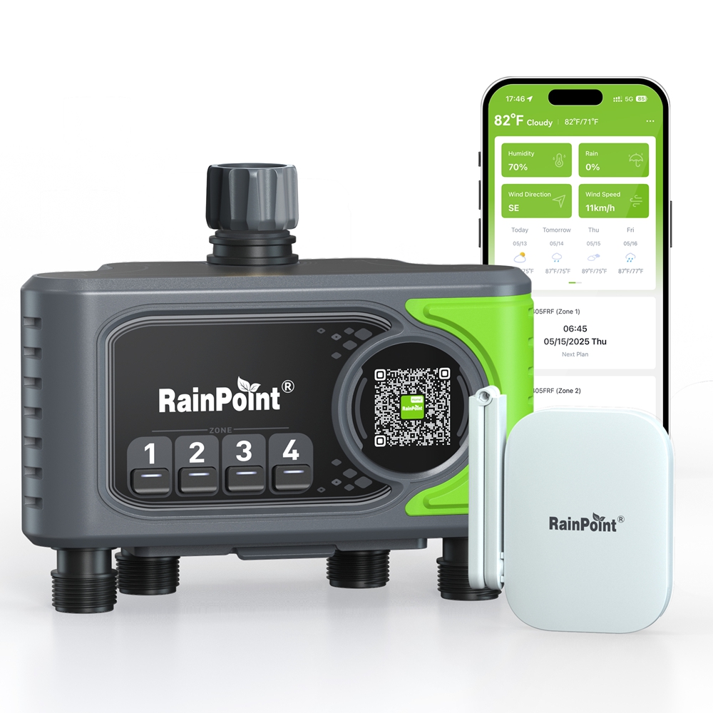 RainPoint WiFi 給水タイマー 4 ゾーン自動灌漑タイマー庭の芝生散水システムコントローラー雨遅延手動散水