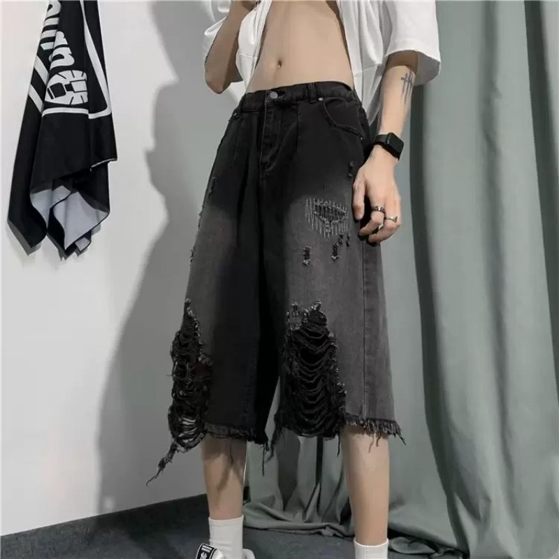 メンズ ジーンズ リップド デニム マン パンツ クロップド パンツ カジュアル 夏 ヴィンテージ ストリート ワイドレッグ スタイリッシュ