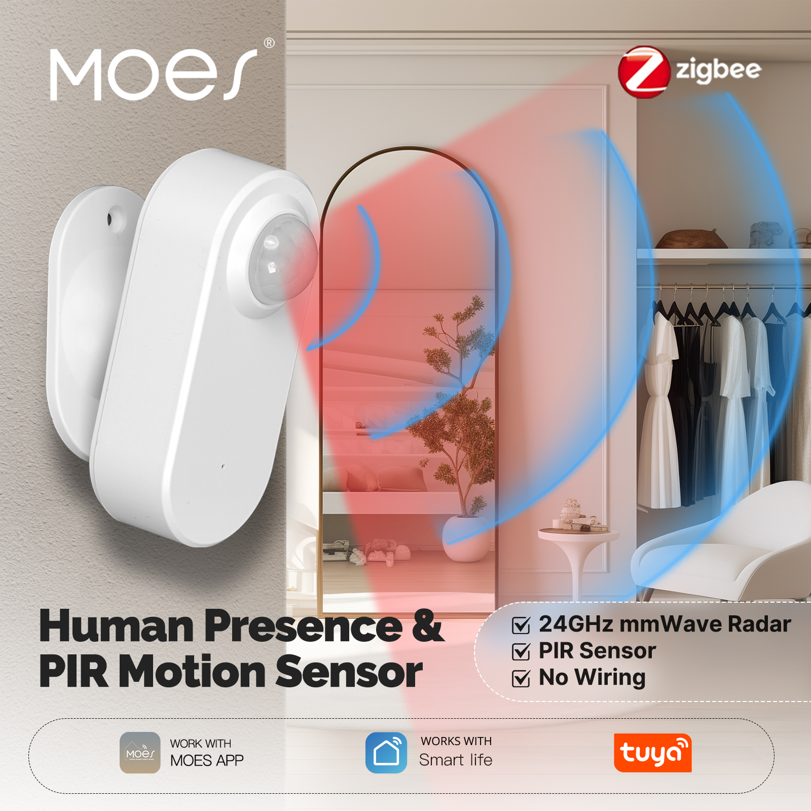 MOES Tuya ZigBee スマートレーダーセンサー、24GHz MMWave 人の存在検出、モーション/モーションレス、アプリリモートモニタリング