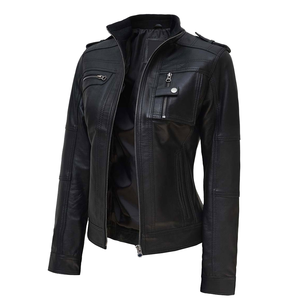 Women's solid black slim-fit leather jacket with a zipper closure; water-resistant and quick-drying; premium quality