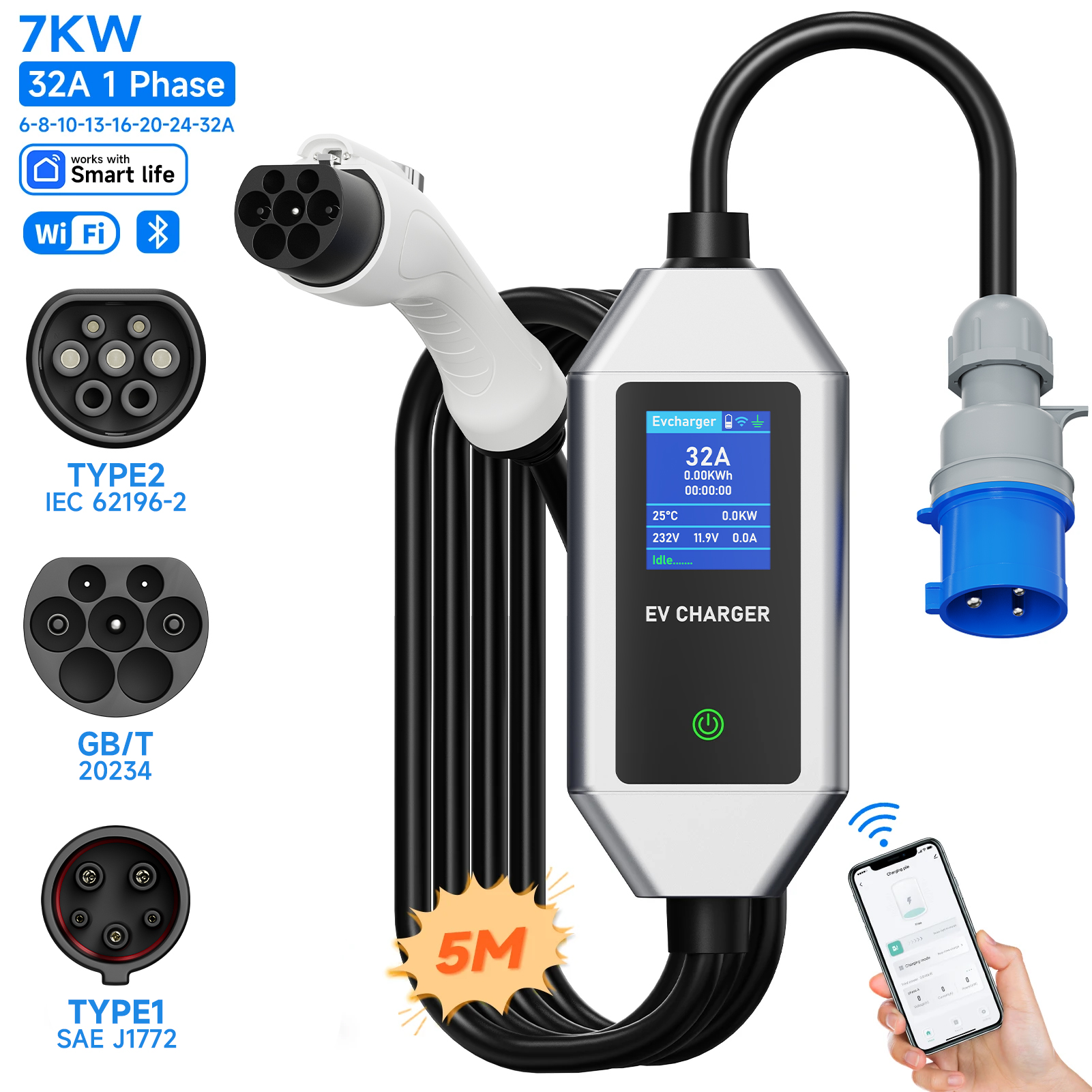 AFEEV 32A EV 充電器 1 相 7KW Type2 ポータブル充電器 APP 制御タイプ 1 EV 充電器 EVSE GB/T 充電ケーブル電気自動車用
