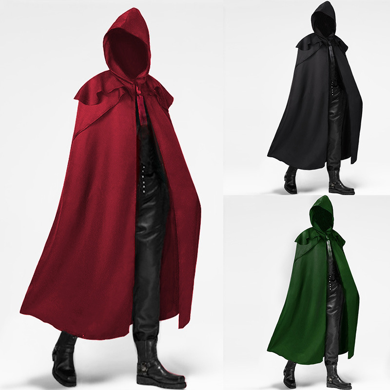 2025 春と秋の新レッドゴシックロングフード付きマント男性と女性、ブルー/グリーン中世ヴィンテージ COS 服ユニセックスケープ