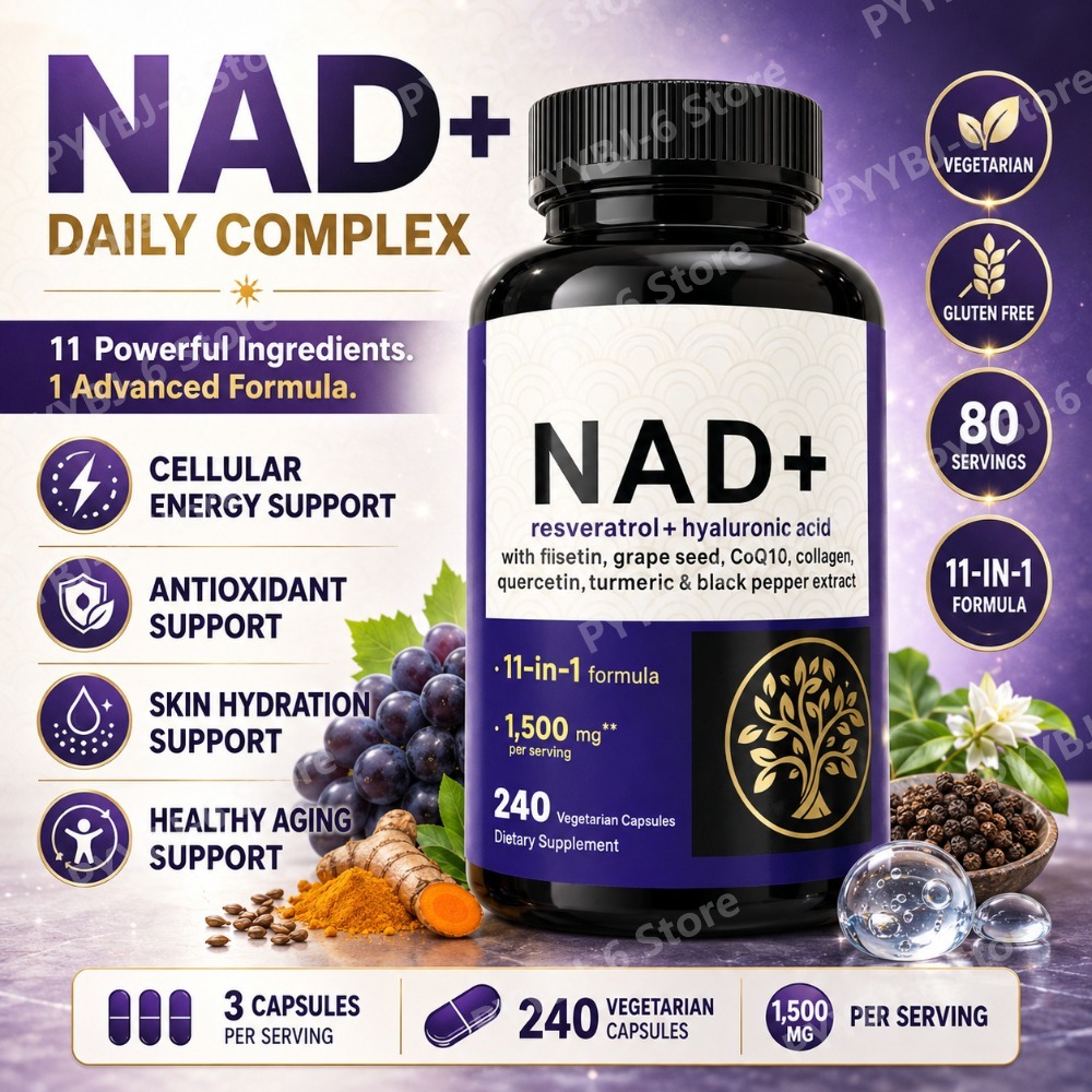 NAD レスベラトロール ヒアルロン酸 サプリメント 240 カプセル 11-in-1 エネルギー 肌の水分補給 抗酸化物質 フォーカス ウェルネス サポート