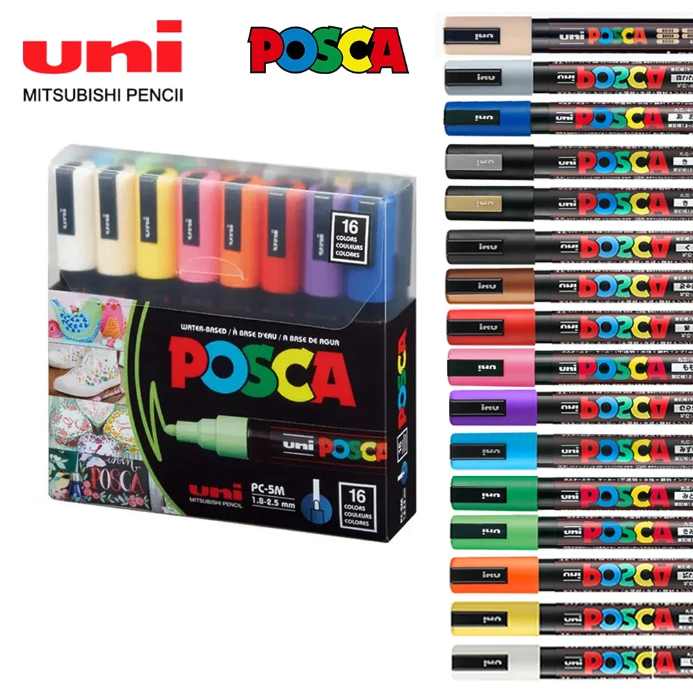 16色入り UNI POSCAマーカーセット アクリル落書き用 防水 子供向けお絵かき PC-3M/1M/5M 画材