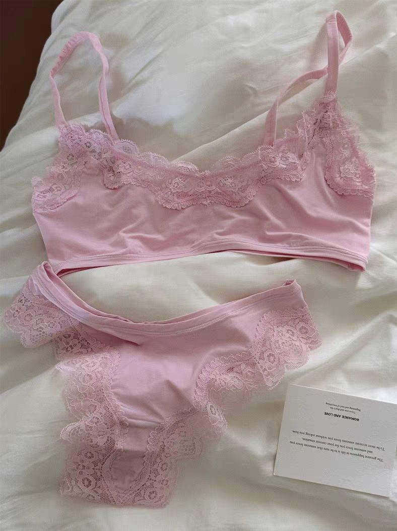 Pink Lace Bra Set Woman Adjusted-strap Seamless Bras+Low Waist Panties Female Casual Simple Solid High Elasticity Lingerie Sets