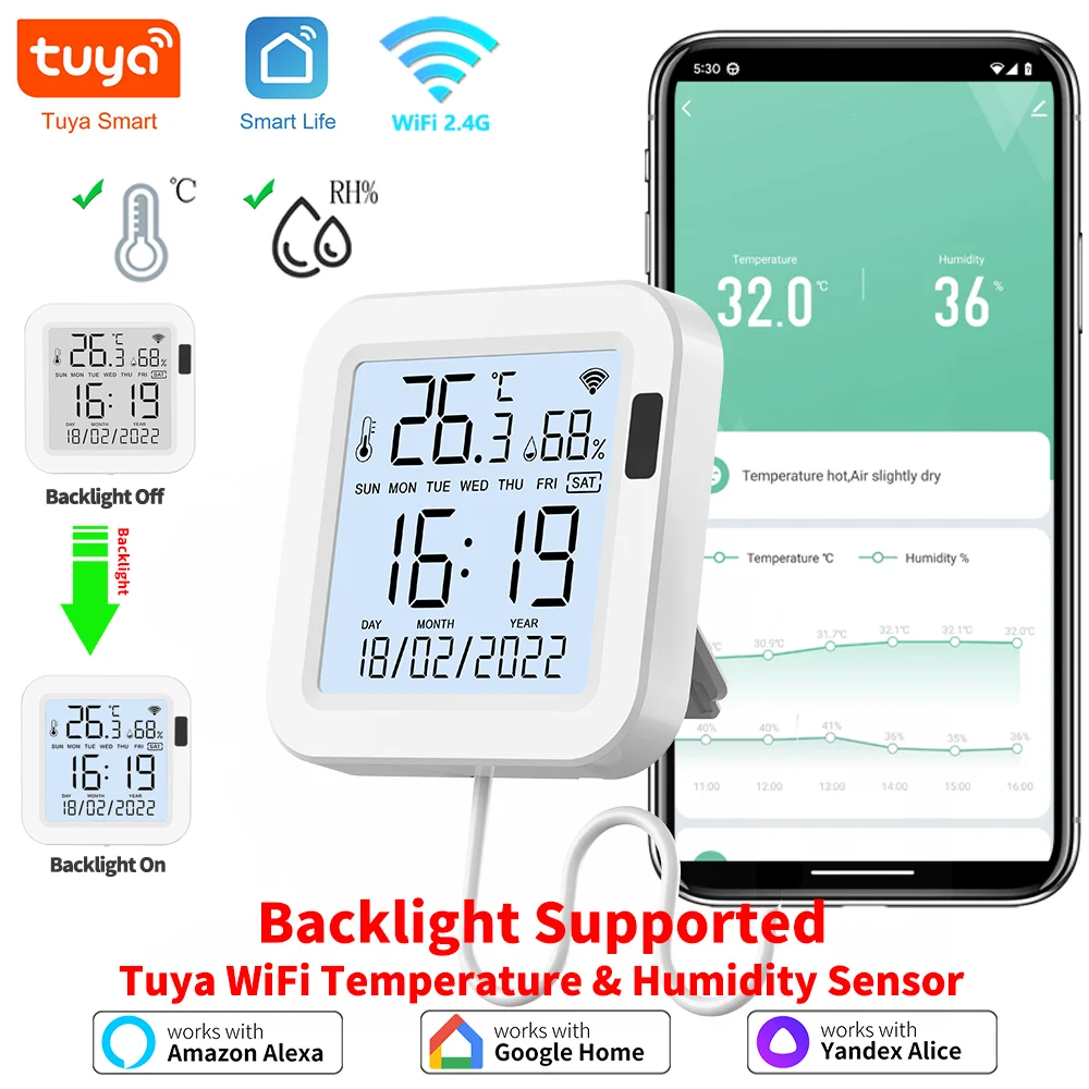 Tuya WiFi 温度湿度センサー、バックライト付き、スマートホーム APP リモコン用、SmartLife Yandex Alexa と連携