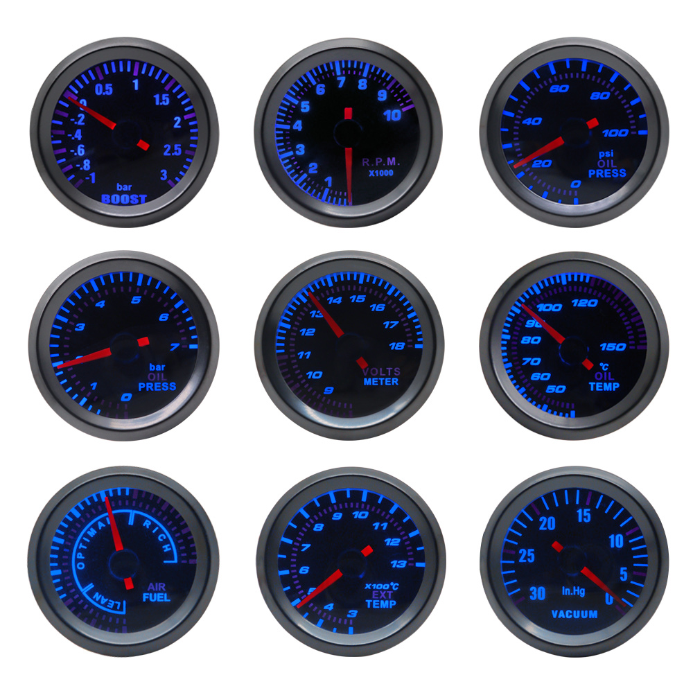 52mm ブースト/バキューム/水温/油温/オイルプレス/電圧/タコメーター/空燃比/EGTゲージアナログブルーLED 52MMゲージポッド