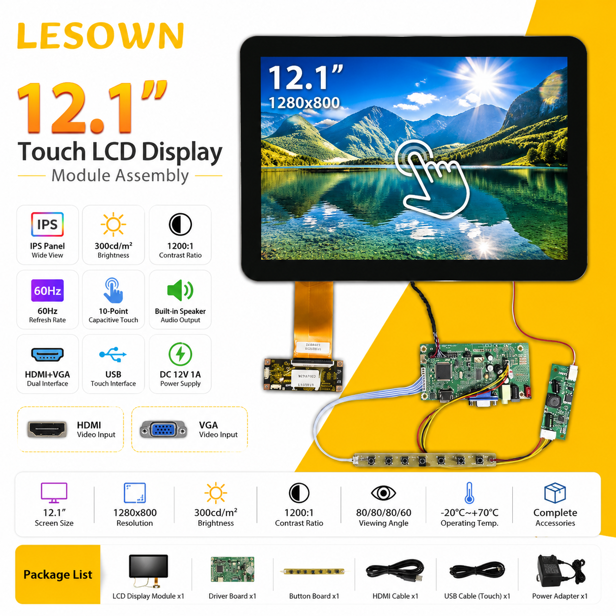 LESOWN 12.1 インチ ディスプレイ モジュール 1280x800 スクリーン ドライバー ボード プラグ付き