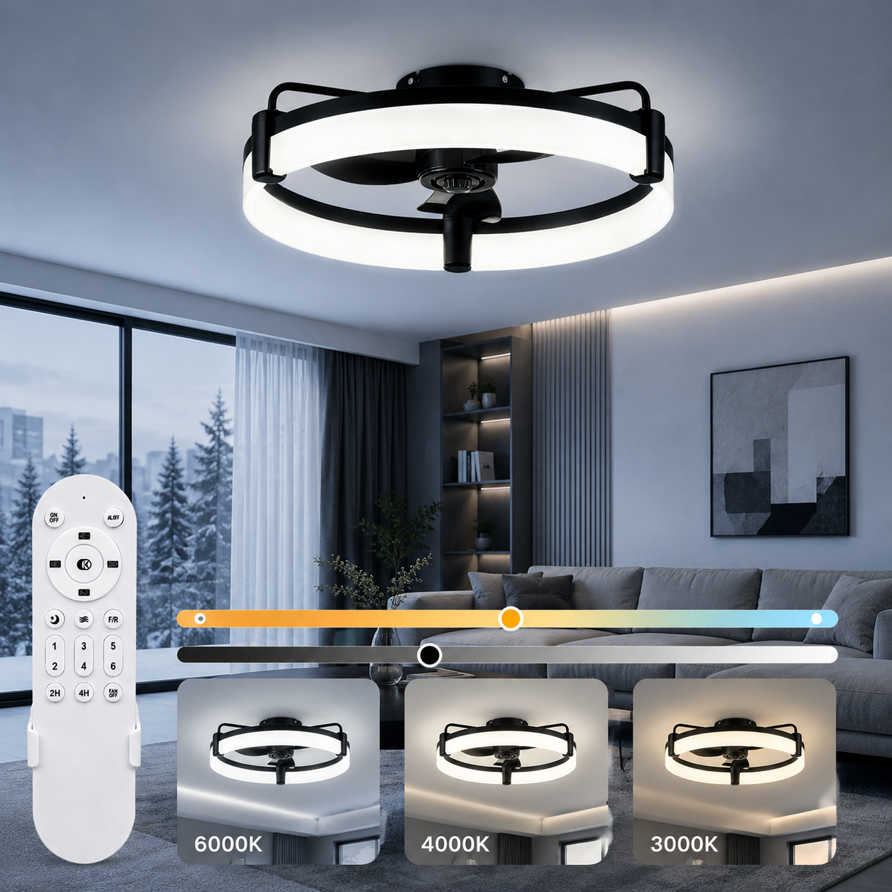 Aiopp 超静音ラウンドファンライト 屋内、調光可能 6 スピード可逆 DC モーターフラッシュマウント LED シーリングファン リビングルーム ベッドルーム キッチン用