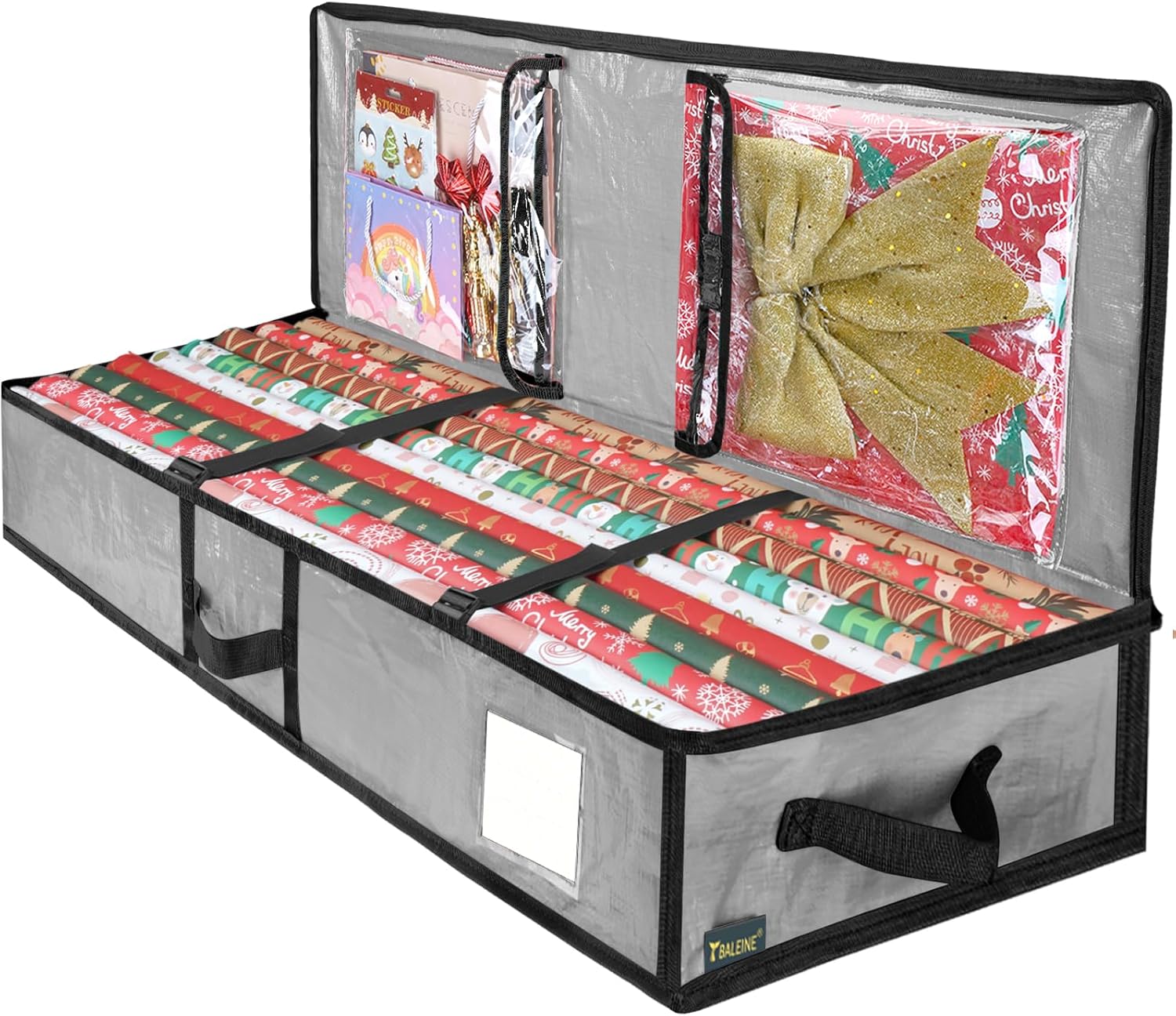 ソフトクリスマスラッピングペーパーストレージバッグ、40フィートの耐久性のあるPEギフトラップストレージバッグ、柔軟なパーティションとリボン用のポケット付き、