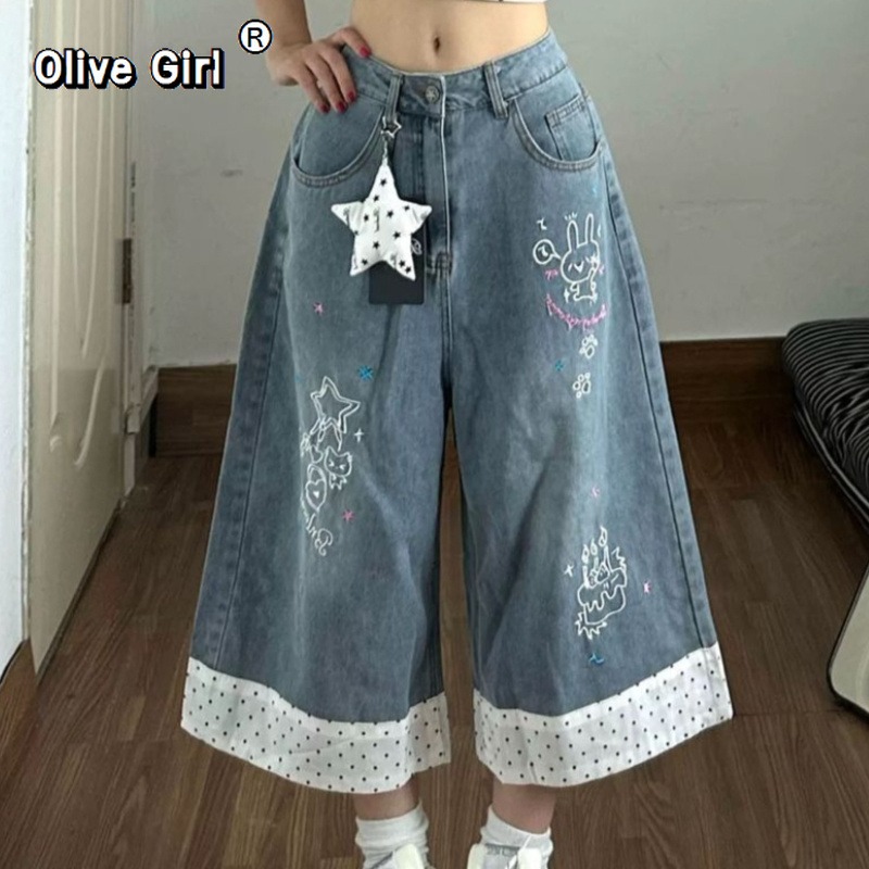 Olivegirl レディース ジーンズ パンツ 夏 2026 デニム ショートパンツ 甘い トレンディ カジュアル ワイドレッグ カプリパンツ ポルカ ドット 刺繍 バニー スター ケーキ