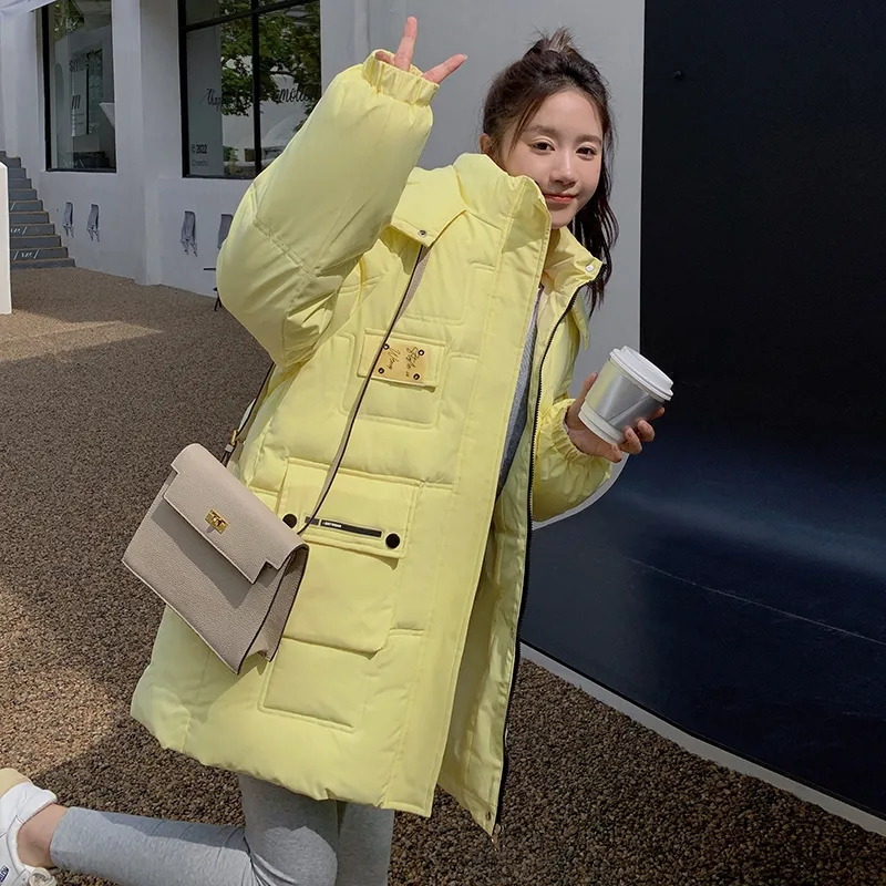 2024 新無地ロングストレート冬コートカジュアル女性パーカー服フード付きスタイリッシュな冬のフグジャケット女性の上着