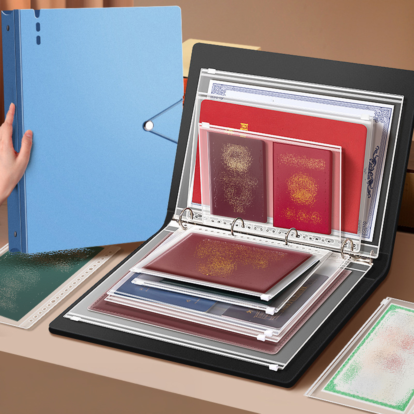 家族用書類整理帳 PP A4 B5 シートプロテクター ファイルフォルダー 証明書、契約書、不動産登記簿謄本用透明ポケット付き